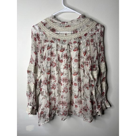 Anthropologie Boho Blouse tiny floral crinkle chiffon lace trim poet sleeve S - Picture 9 of 14